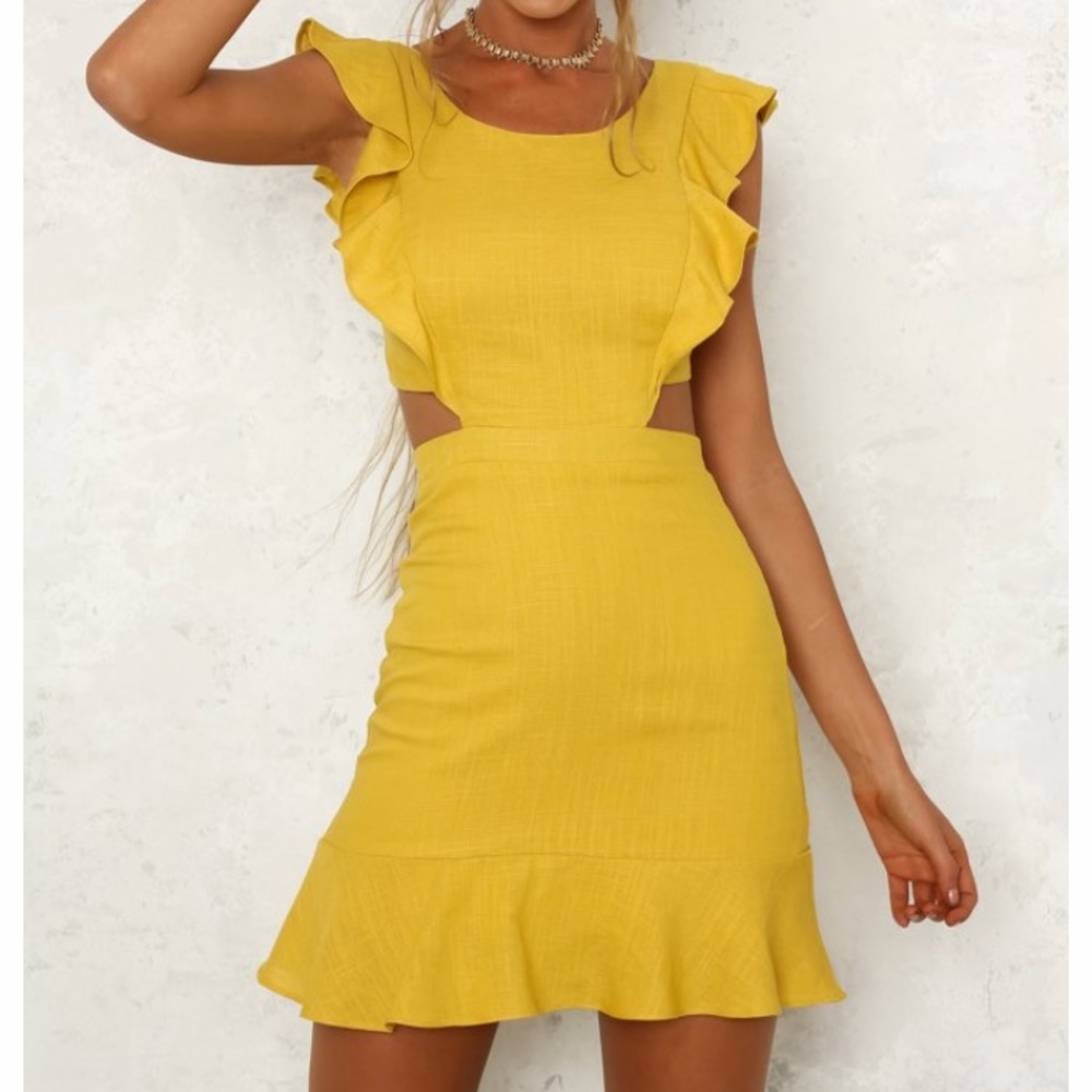 Yellow Linen Ruffle Dress - Picture 4 of 7